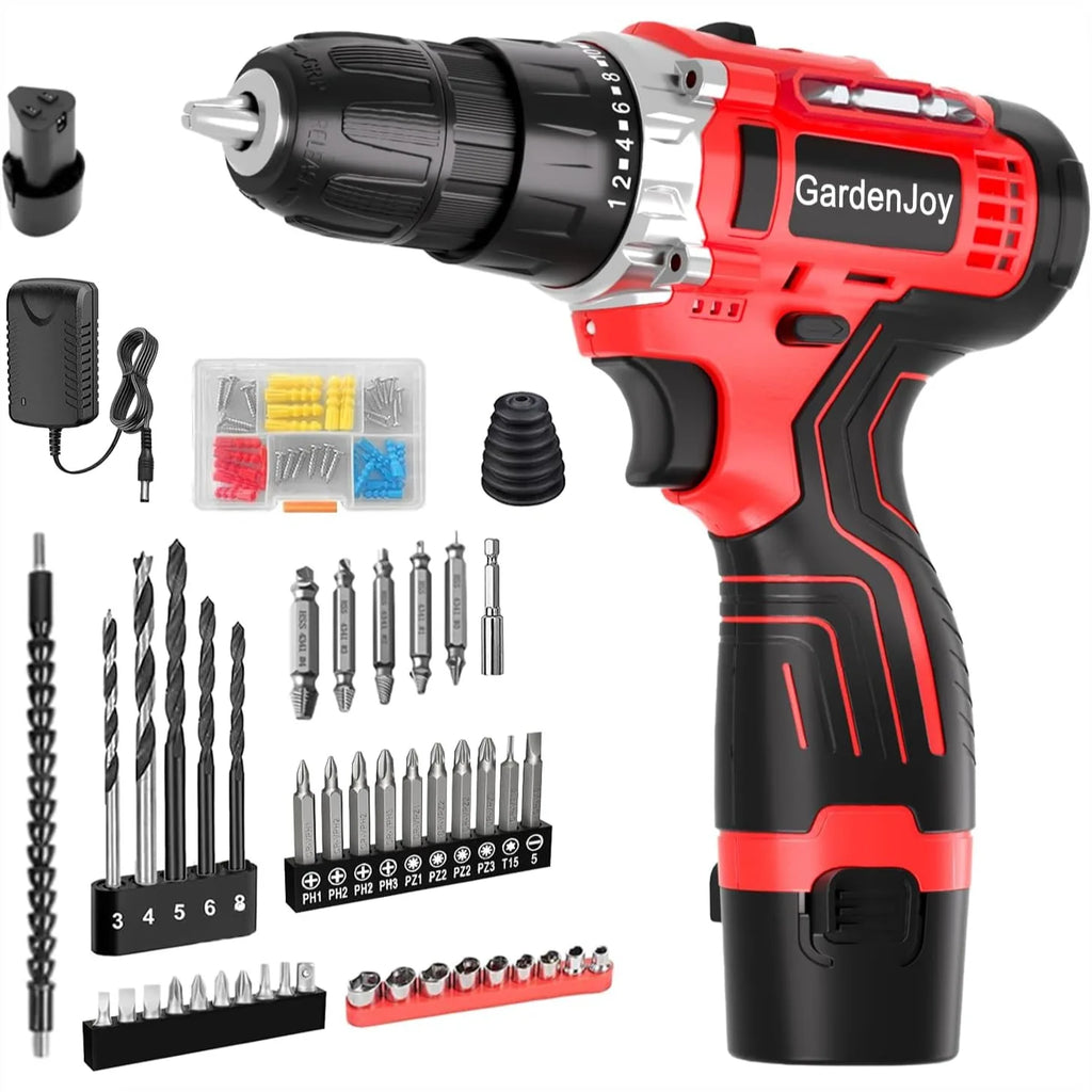 12V Cordless Drill Kit with 2 Batteries, Fast Charger, Lightweight, 2-Speed, 24+1 Torque, LED Light for DIY Wood/Metal
