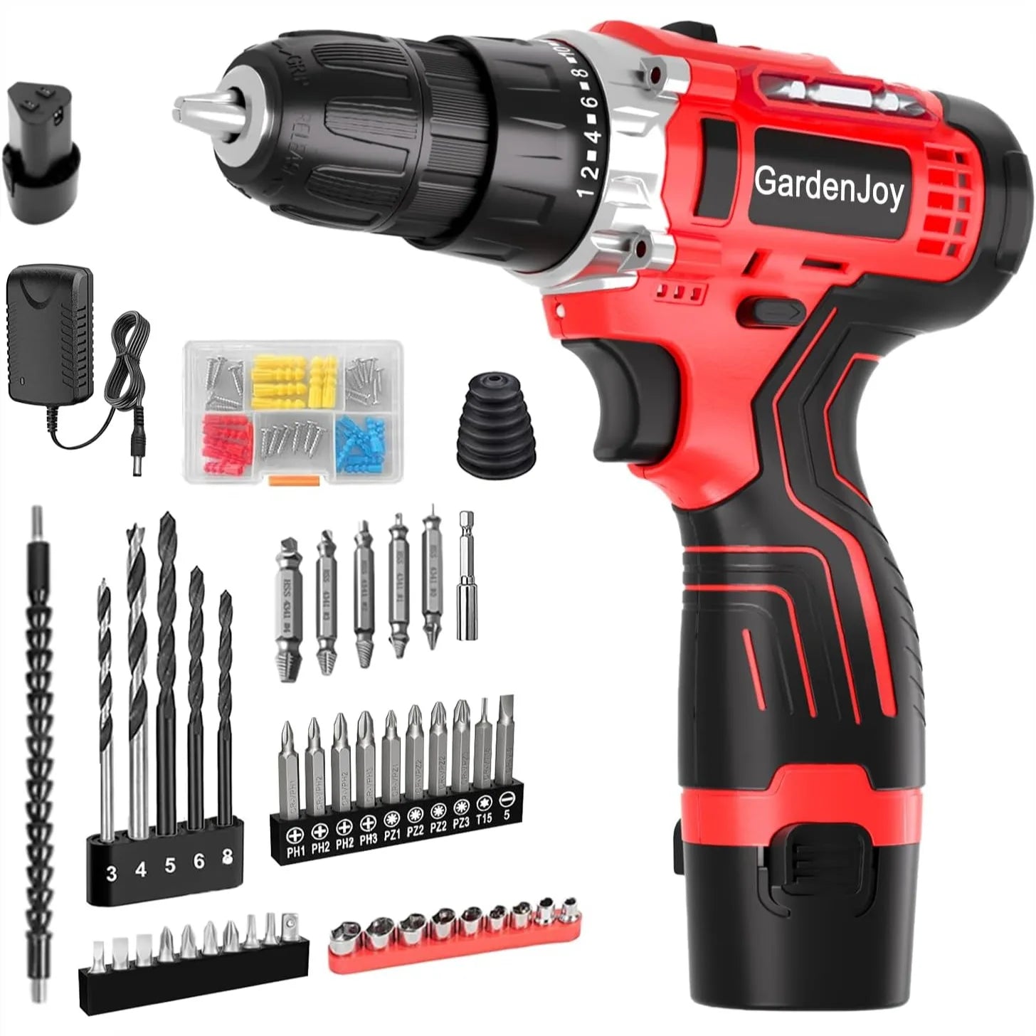 12V Cordless Drill Kit with 2 Batteries, Fast Charger, Lightweight, 2-Speed, 24+1 Torque, LED Light for DIY Wood/Metal