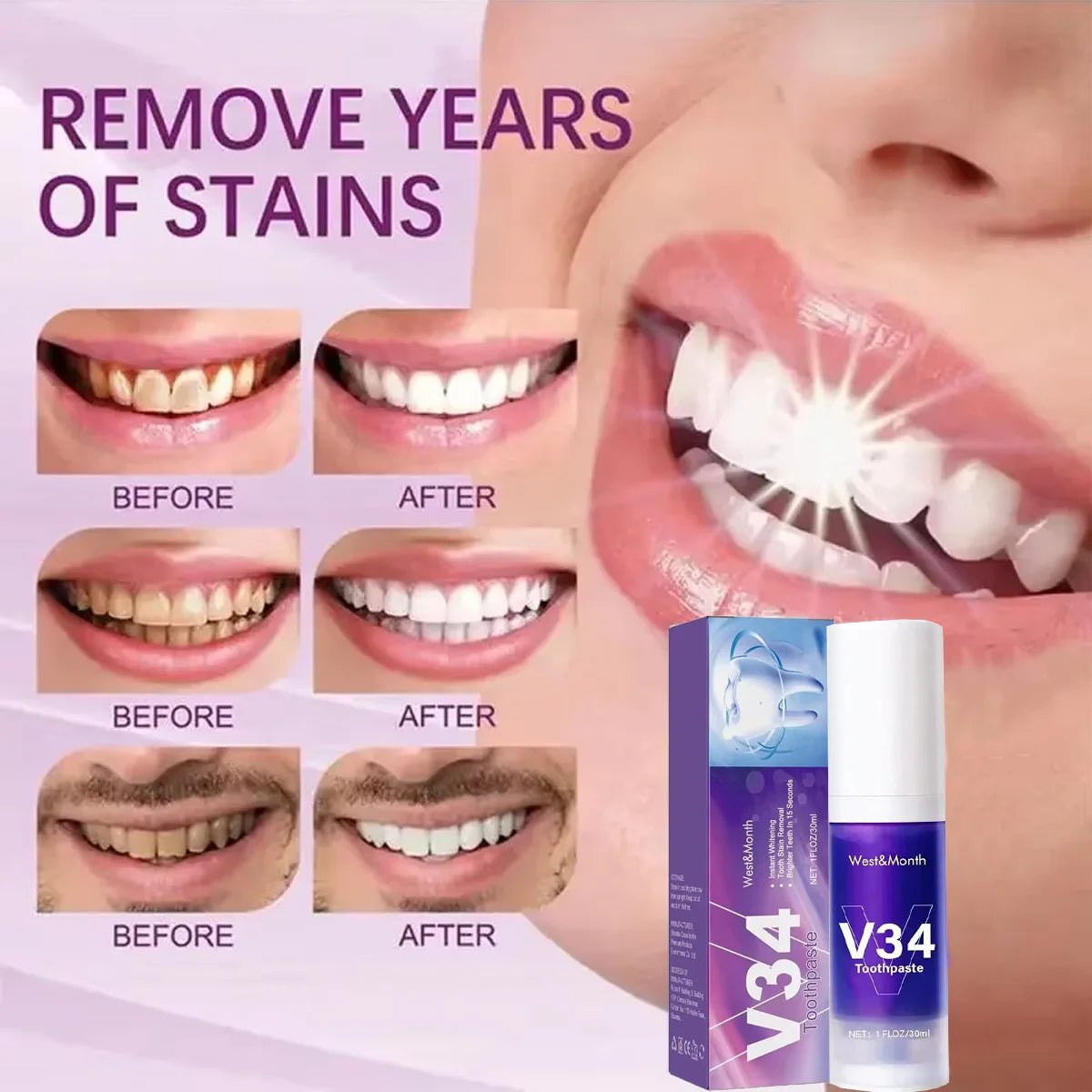 30ml V34  Purple Toothpaste Clean Oral Hygiene Fresh Breath Removes Tartar
