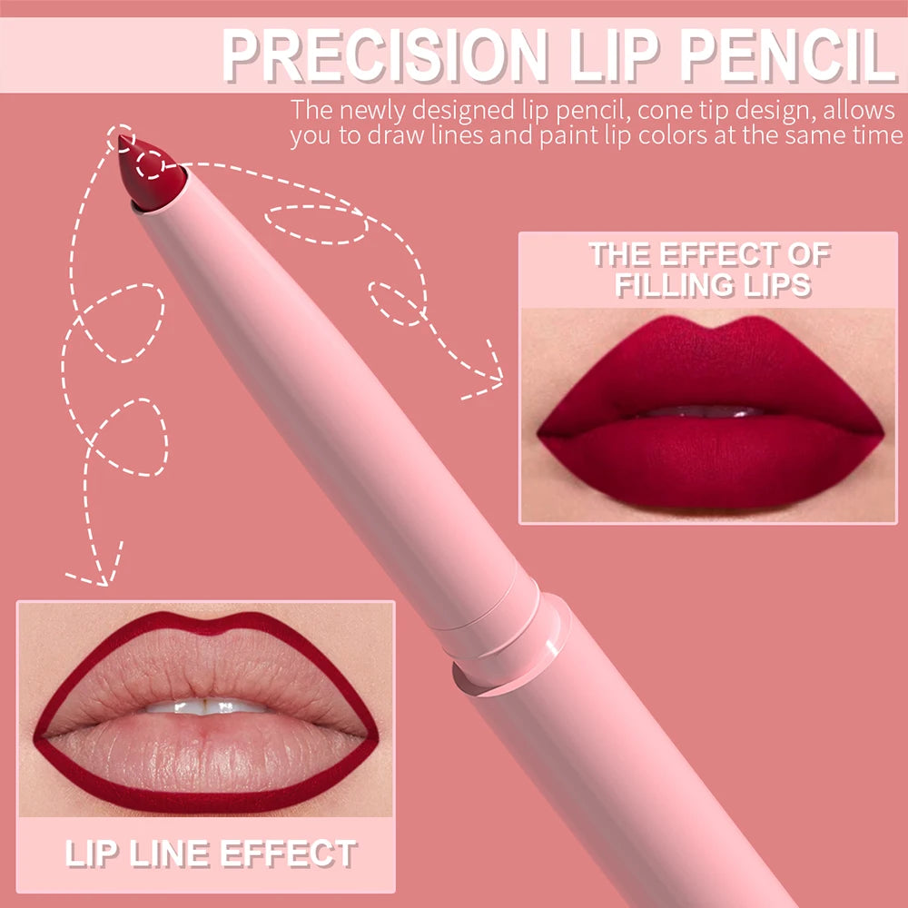 Matte Lip Liner Pencil 6pc/set - Waterproof Non-Stick Cup Lip Contour Liner, High Pigment Nude & Dark Red Lipstick Pen Makeup