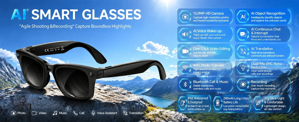 NEW AI Smart Glasses 1300W HD Camera 1080P Videos WIFI Transfer AI Translation IP66 Waterproof & Dustproof BT Call Smart Glasses