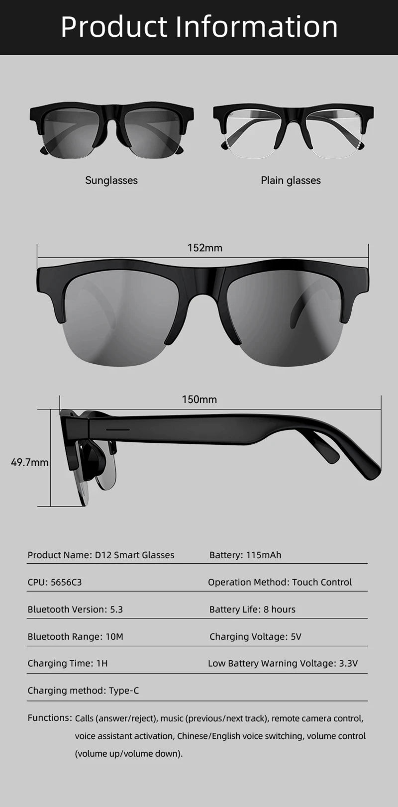 AI Smart Glasses Translation Hands-Free Calling AI Chat Logging Music Playback Men Bluetooth Sunglasses Touch Control Camera