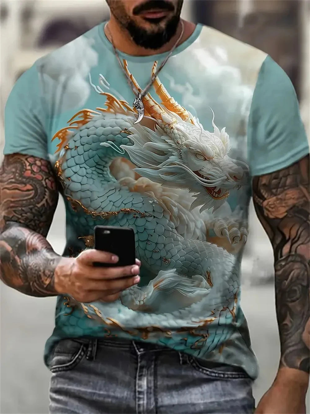 Mens Dragon Print Cotton Blend T-shirt - Stylish Crew Neck Comfortable & Breathable for Summer