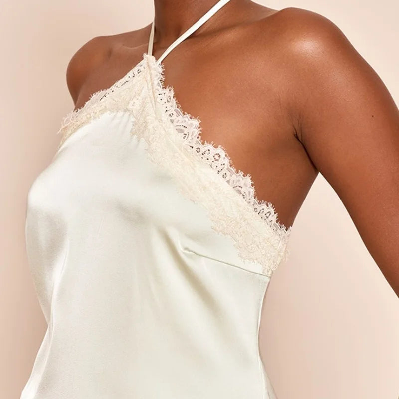 Women Lace Trim Halter Neck Tank Top Sexy Tie Up Backless Slim Fit Silk Satin Tops Summer Shirt Streetwear