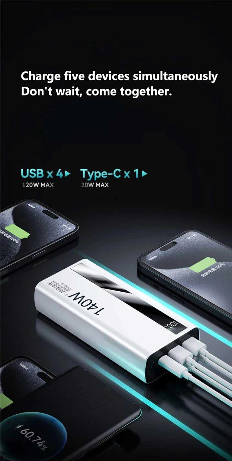 Lenovo 100000mAh CCC Powerbank 140W Super Fast Charging Portable Battery Charger Ultra Capacity LED Digital Display For IPhone