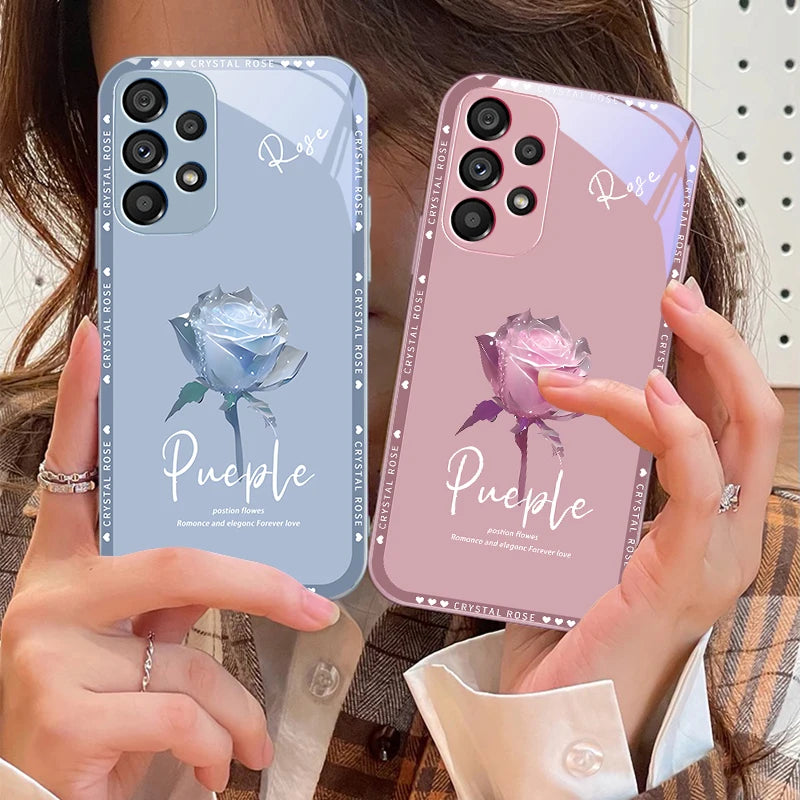 Elegant Rose Red For Samsung Galaxy S10 4G S20 11E 30 S21 21Fe 22 S24 Pro S23 Ultra 5G S8 S9 Tempered Glass Phone Case