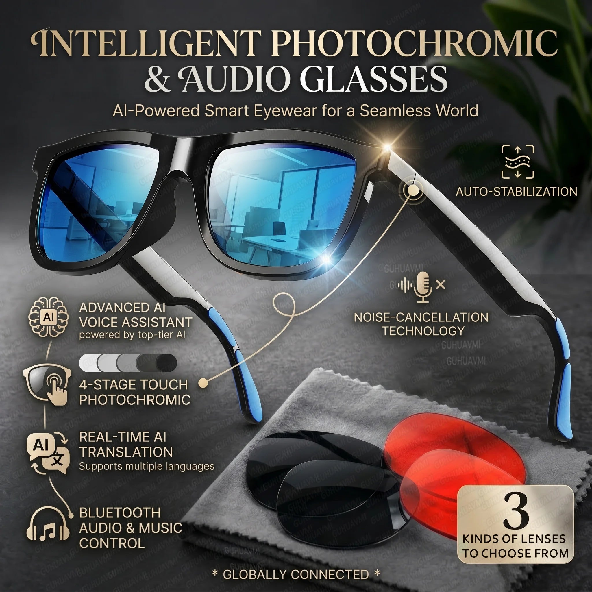 2026 AI Smart Glasses Touch Color-change  Electrochromic Lens AI Translation ChatGPT BT Call Dual-mic Music Audio Sunglasses Men
