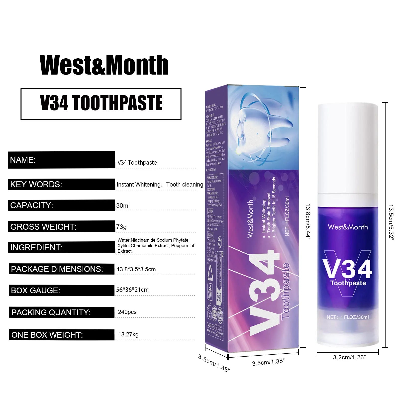 V34 Purple Toothpaste Cleaning Mousse Cleans Teeth, Protects Gums, Freshens Breath Oral Care Pump-Style Toothpaste