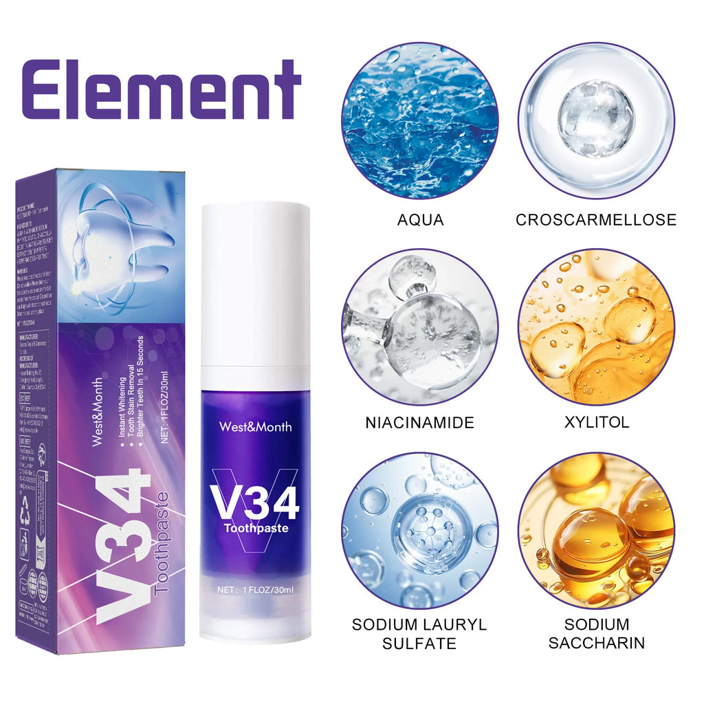 V34 Purple Toothpaste Cleaning Mousse Cleans Teeth, Protects Gums, Freshens Breath Oral Care Pump-Style Toothpaste