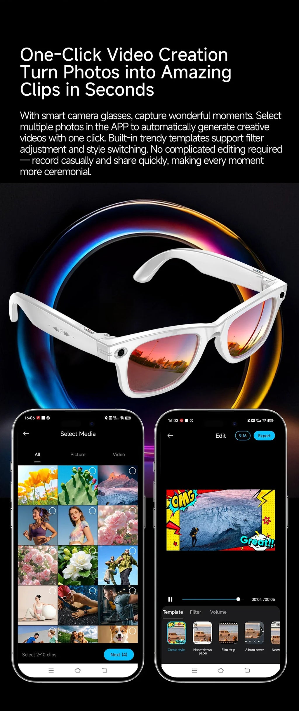 AI Smart Glasses 1080P HD Camera Recording 13MP Lens Real Time Translation GPT Voice Assistant Anti Shake Eyewear Smart Glasses