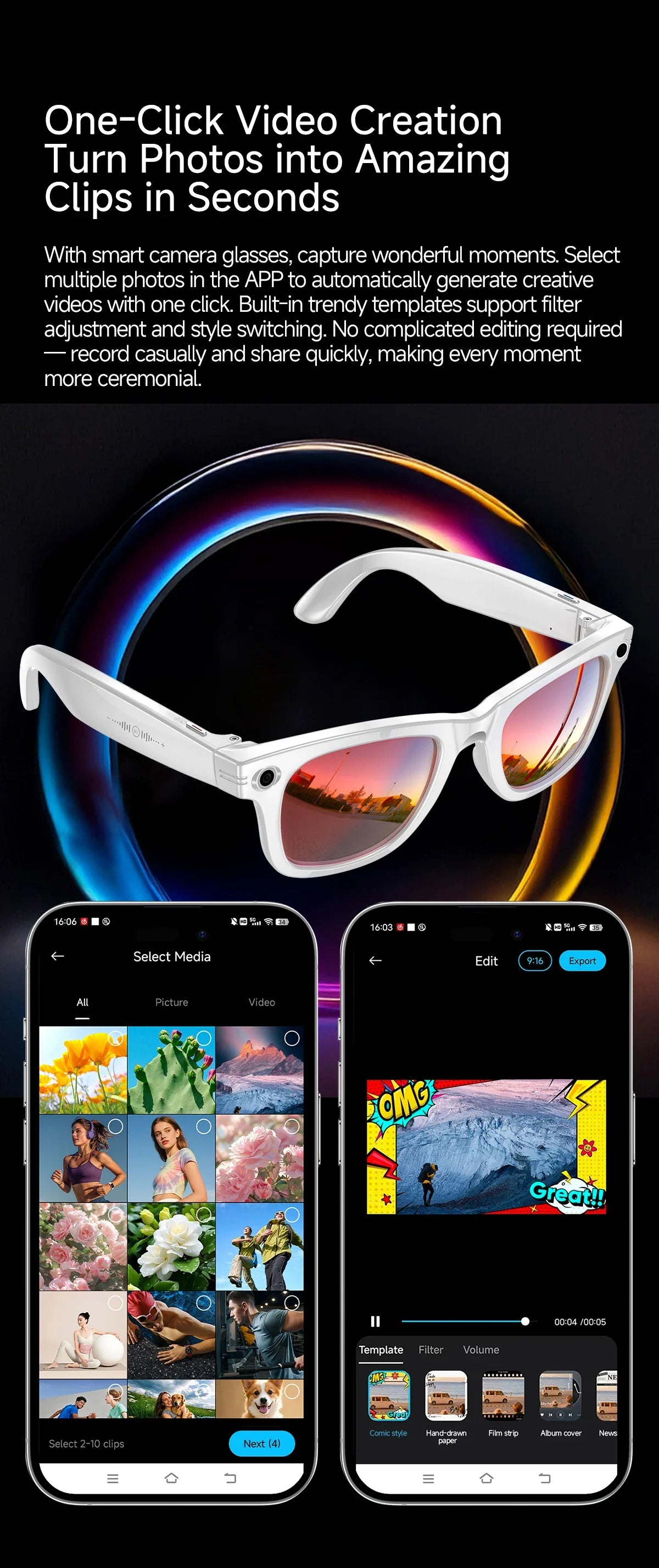 AI Smart Glasses 1080P HD Camera Recording 13MP Lens Real Time Translation GPT Voice Assistant Anti Shake Eyewear Smart Glasses