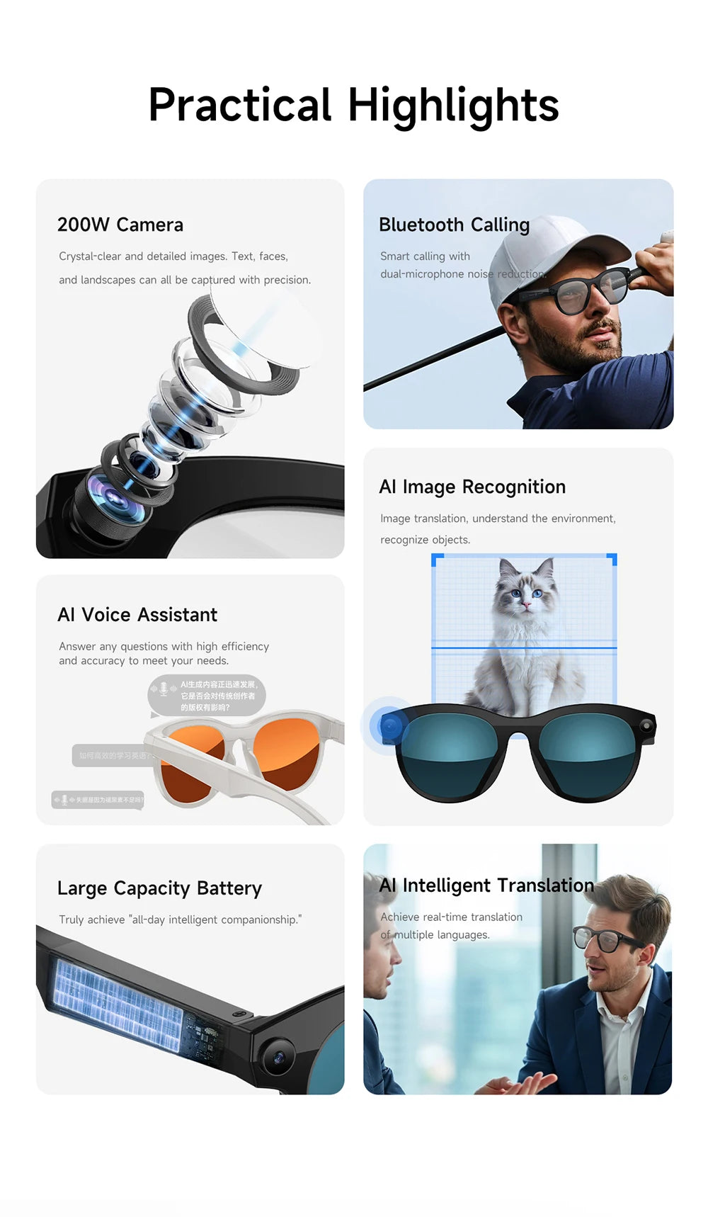 2026 New AI Smart Glasses for Men Women HD Camera 1080P Video AI Voice Assistant Translation Music Playback Bluetooth Calling