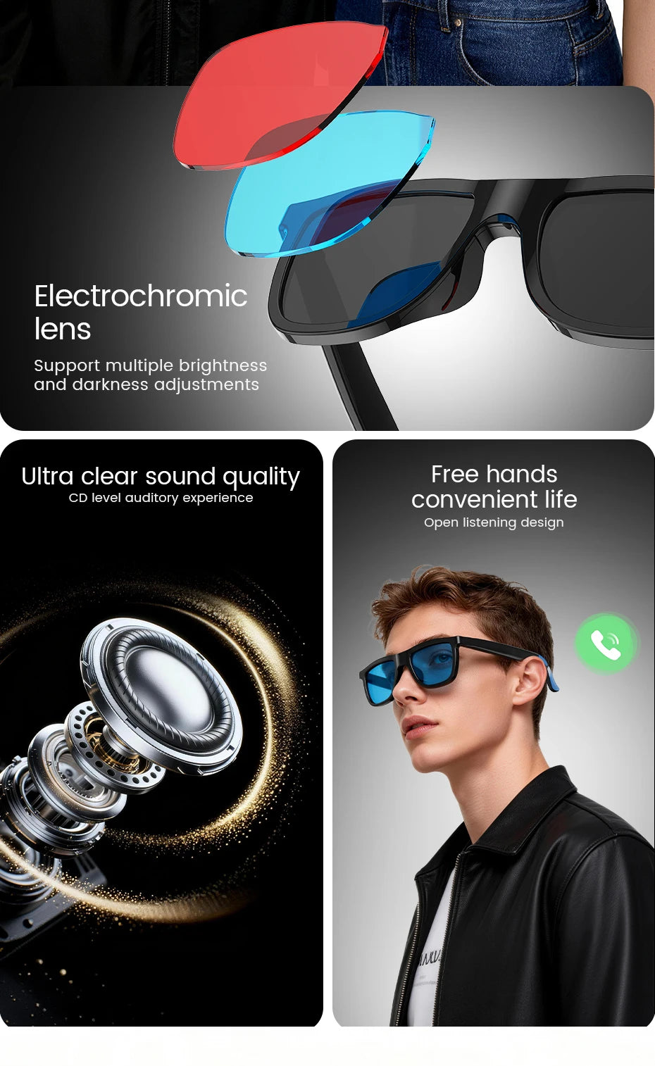 AI Smart Audio Glasses Touch To Color Changing 38g HD Call Sunglasses Noise-reducing Music Play AI Audio Glasses Men Women