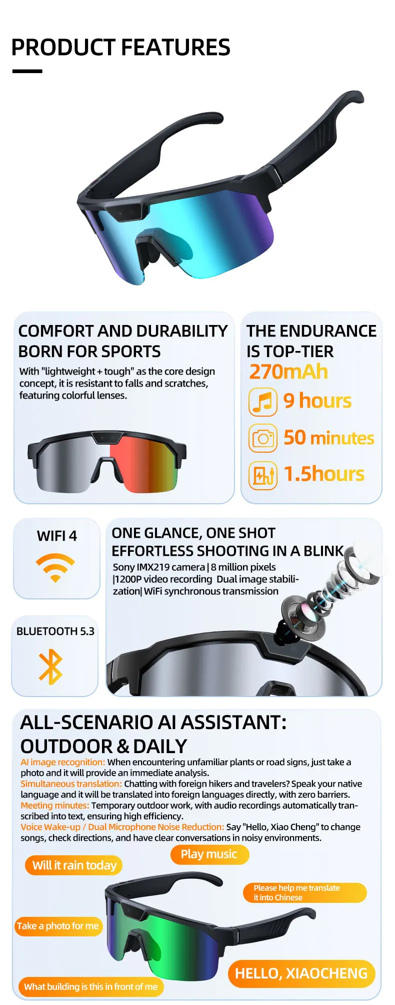 AI Smart Glasses With Camera 4K HD Video & Photo Capture, Real-Time Translation, 8MP Pixel Anti-shake Outdoor Sports Goggles Men