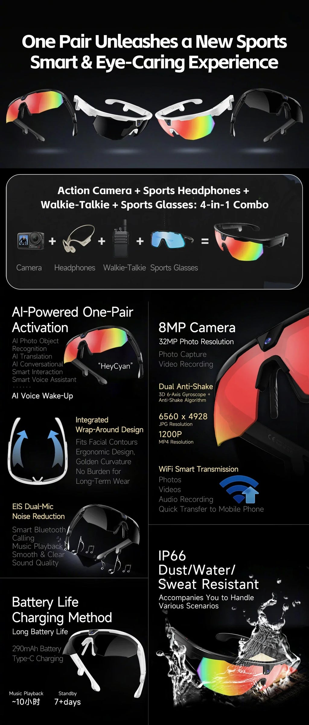 2026New AI Smart Glasses 1200P Camera 4K Anti-Shake Cycling Waterproof Goggles AI Voice Translator Call Open Ear Smart Sunglasse