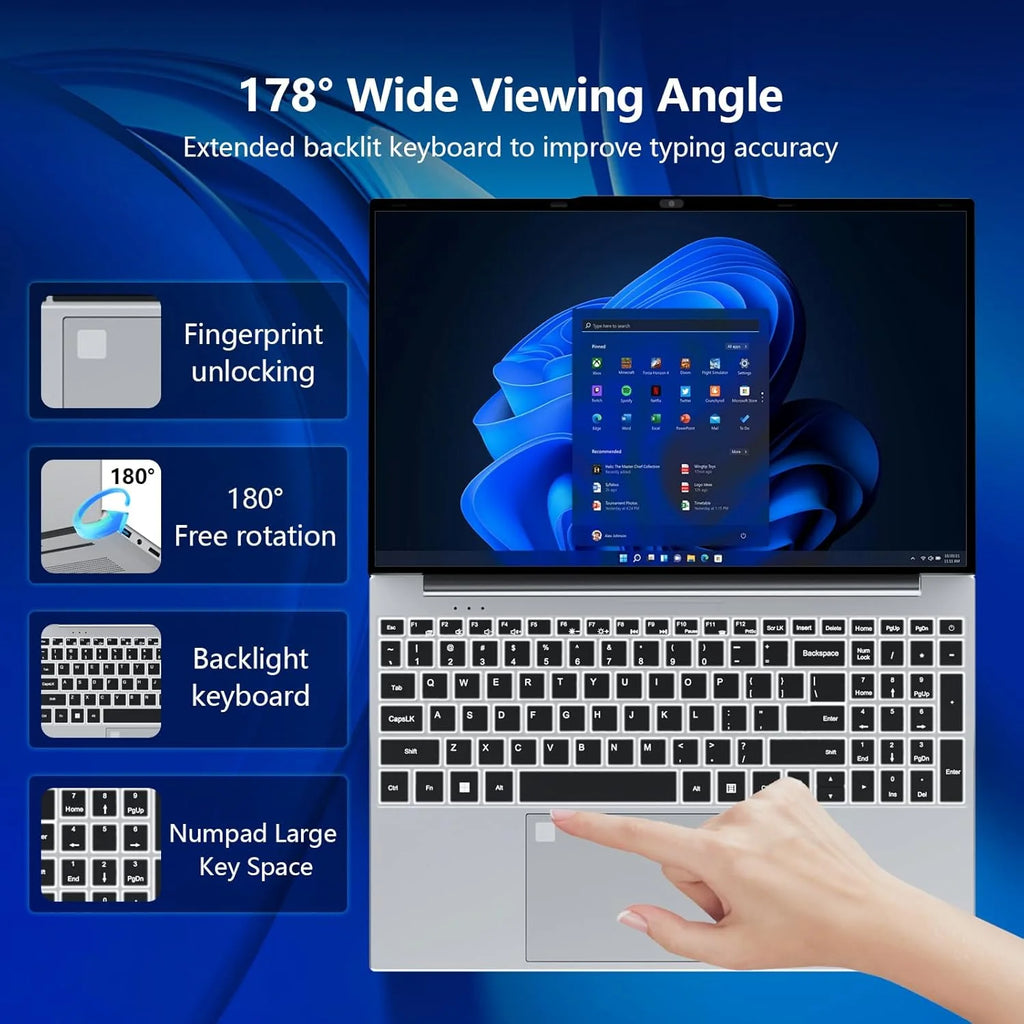 15.6" Windows 11 Laptop Computer Intel Core i9 9900 16GB RAM 1TB SSD Laptops Office Computer PC Fingerprint Unlock Notebook