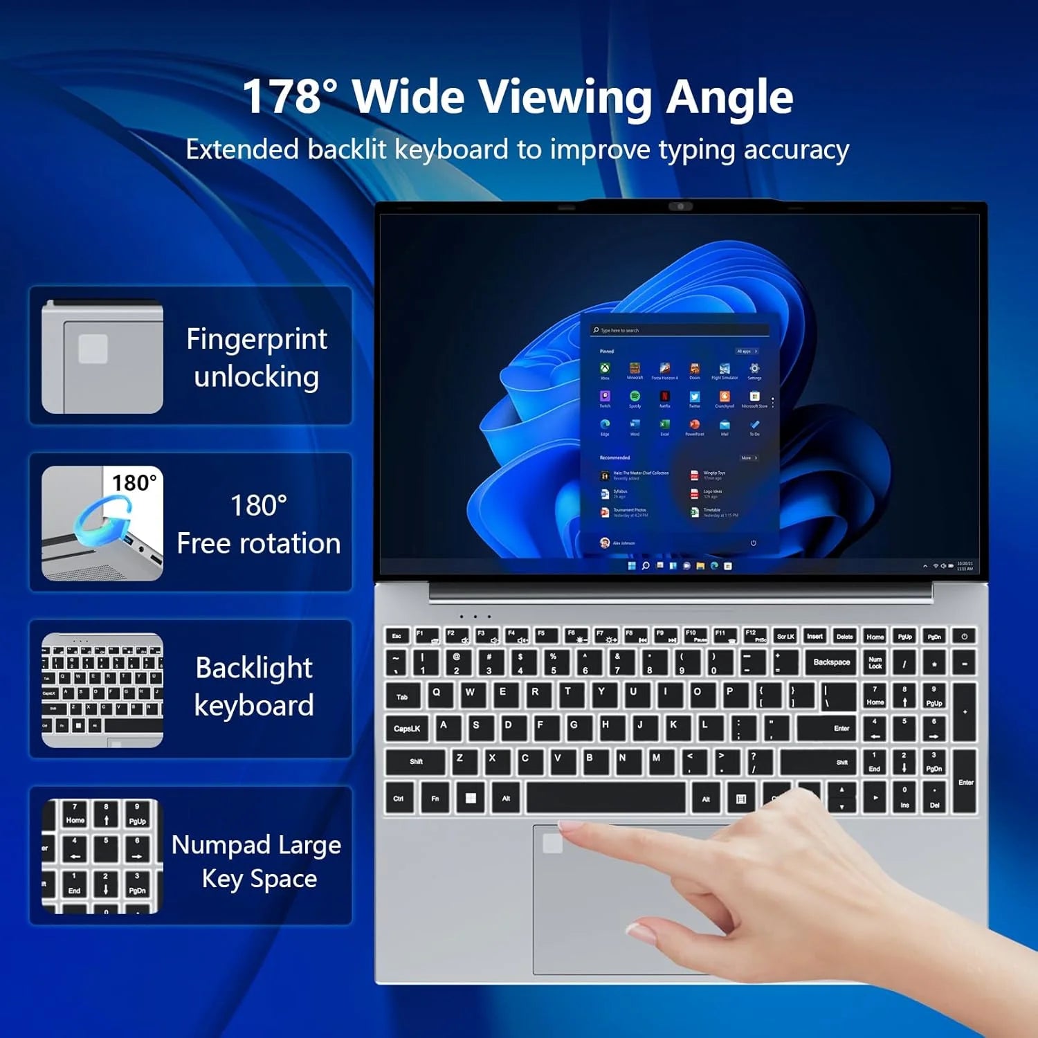 15.6" Windows 11 Laptop Computer Intel Core i9 9900 16GB RAM 1TB SSD Laptops Office Computer PC Fingerprint Unlock Notebook