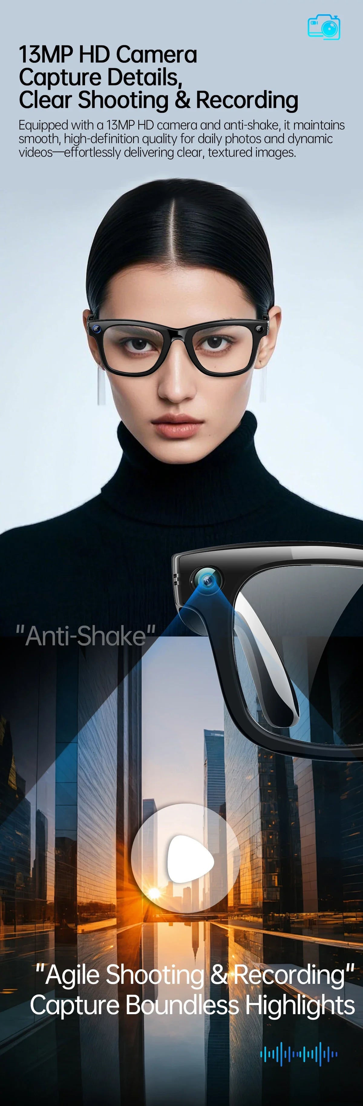 AI Smart Glasses 1080P HD Camera Recording 13MP Lens Real Time Translation GPT Voice Assistant Anti Shake Eyewear Smart Glasses