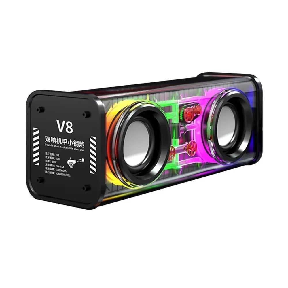 Bluetooth 5.0 V8 Transparent Mecha Speakers Double Bass Diaphragm TWS Stereo Wireless Double Bass 1800mAh Battery RGB Light
