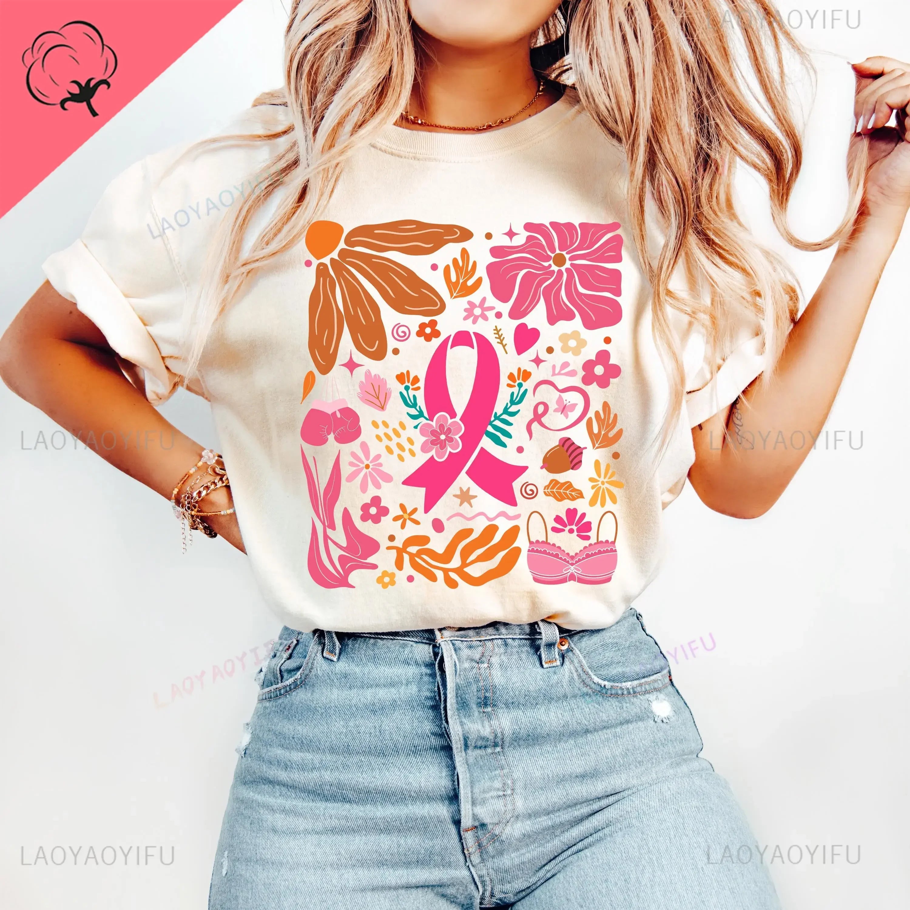 Breast Cancer Awareness We Wear Pink Awareness Ribbon Aesthetic Clothes Pink and White Tops Shirt