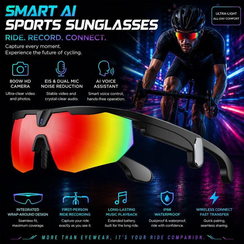 2026New AI Smart Glasses 1200P Camera 4K Anti-Shake Cycling Waterproof Goggles AI Voice Translator Call Open Ear Smart Sunglasse