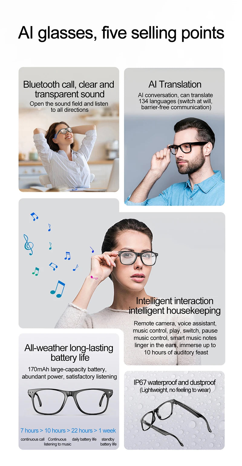 AI Smart Glasses for Men Smart Translation Glasses with Waterproof Call Function BT Smart Sunglas Outdoor Sports Headphones