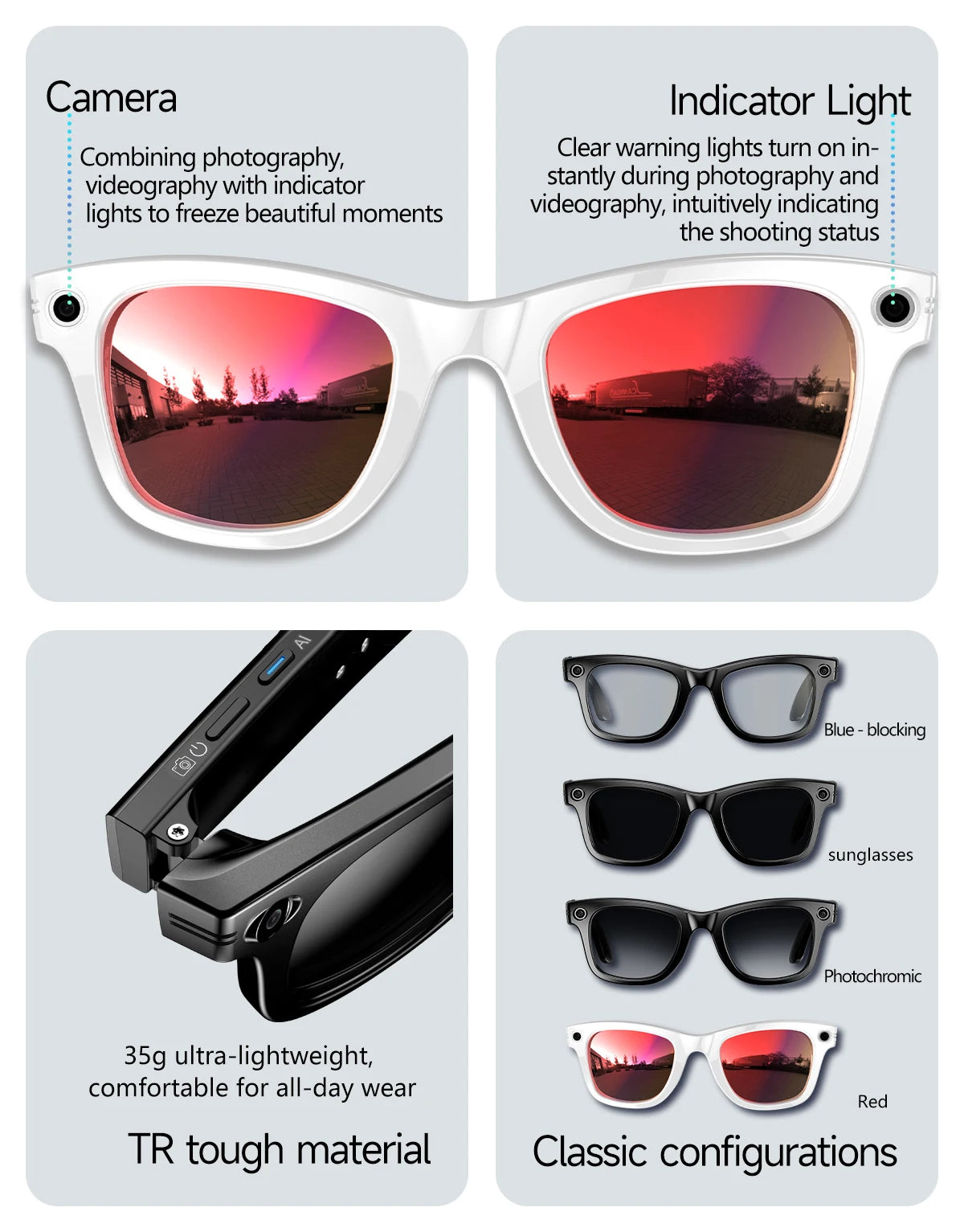 AI Smart Glasses 800W Anti Shake Camera Video Recording Languages Translation Sunglasses For Man Woman Bluetooth Call Music Play