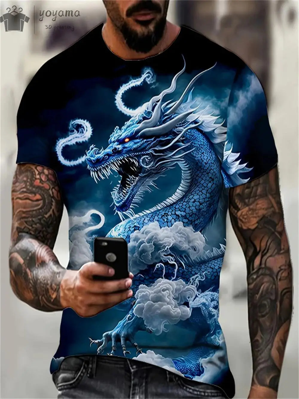 Mens Dragon Print Cotton Blend T-shirt - Stylish Crew Neck Comfortable & Breathable for Summer