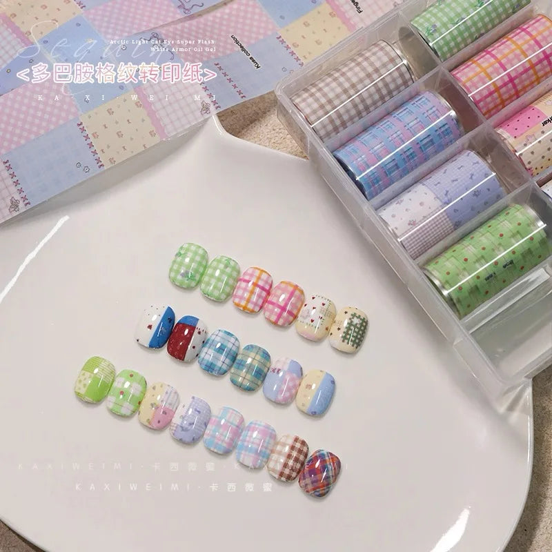1 Box Black White Strapes Nail Foils for Transfer Paper Bowknot Flowers Nails Wraps Denim Plaid Nail Art Decorations