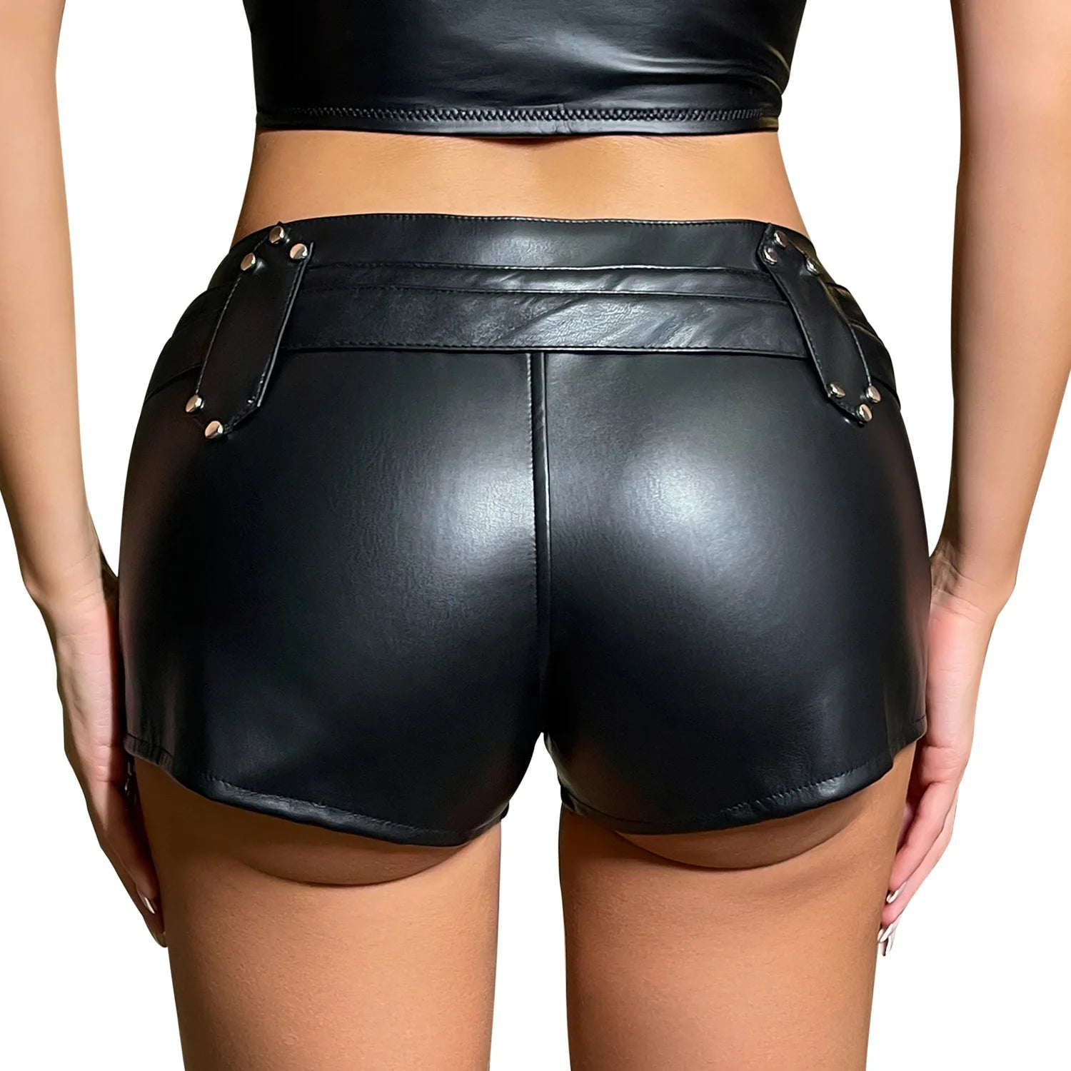 26 New Pu Imitation Leather Shorts Elastic Belt Low-rise Shorts for Women Hot Pants