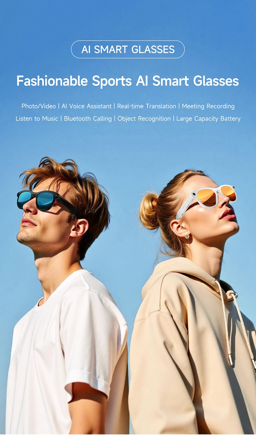 2026 New AI Smart Glasses for Men Women HD Camera 1080P Video AI Voice Assistant Translation Music Playback Bluetooth Calling