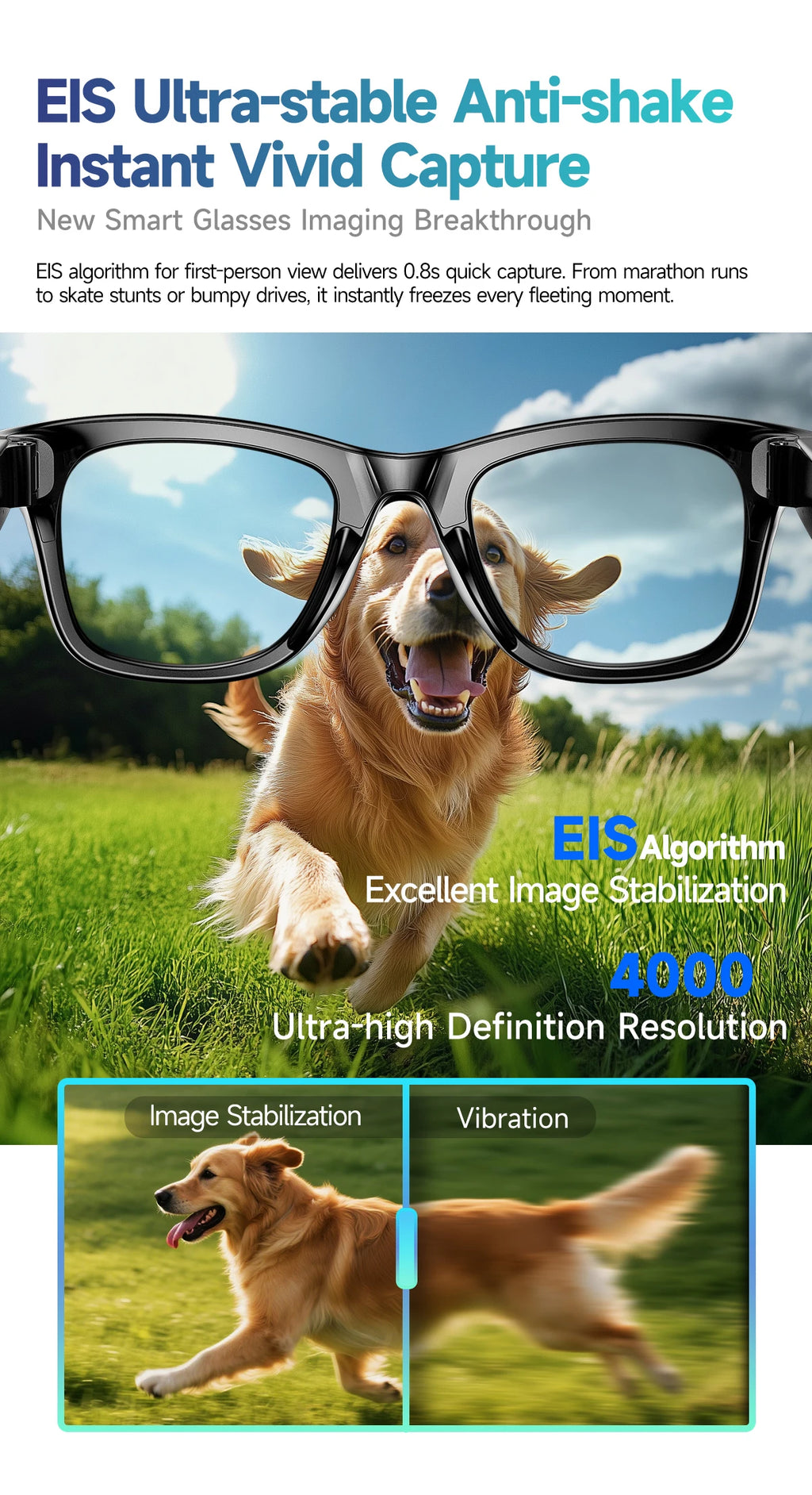 AI Smart Glasses 800W Anti Shake Camera Video Recording Languages Translation Sunglasses For Man Woman Bluetooth Call Music Play