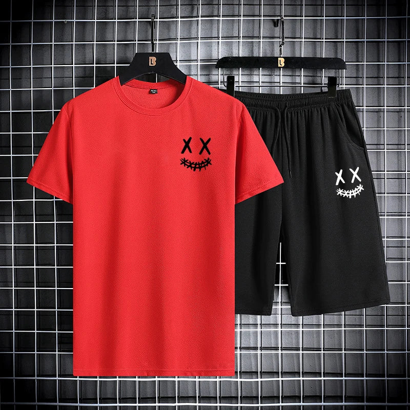 Men's summer sports suit round neck short sleeved T-shirt five quarter shorts slim fit fashion two-piece set men's clothing