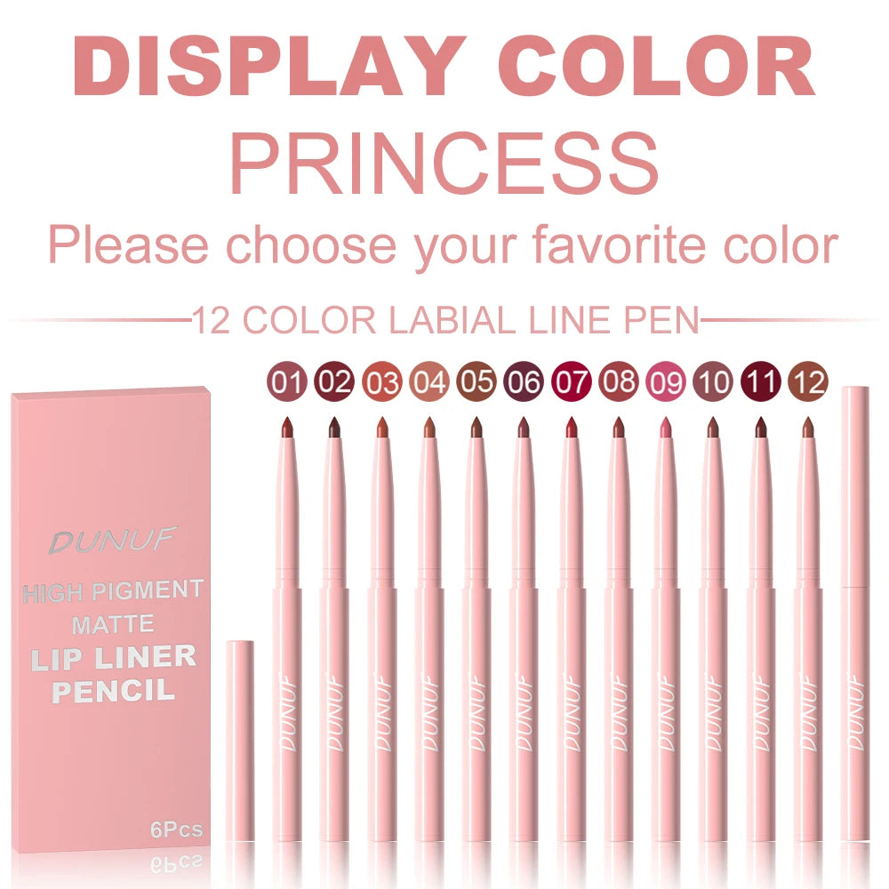 Matte Lip Liner Pencil 6pc/set - Waterproof Non-Stick Cup Lip Contour Liner, High Pigment Nude & Dark Red Lipstick Pen Makeup