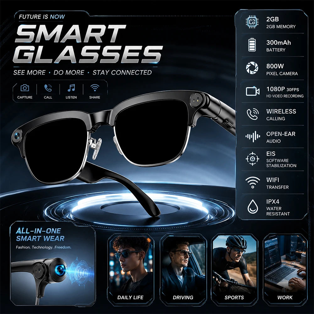 2026 New AI Smart Glasses 8MP Camera 1080P Video Recording Bluetooth Calling WiFi Transfer ENC Noise Reduction 300mAh Battery