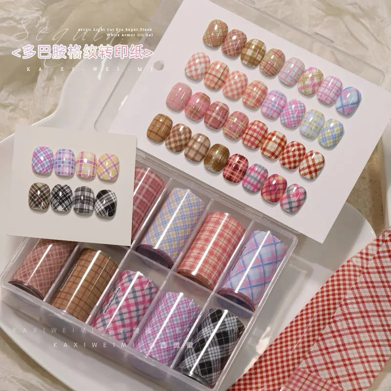 1 Box Black White Strapes Nail Foils for Transfer Paper Bowknot Flowers Nails Wraps Denim Plaid Nail Art Decorations