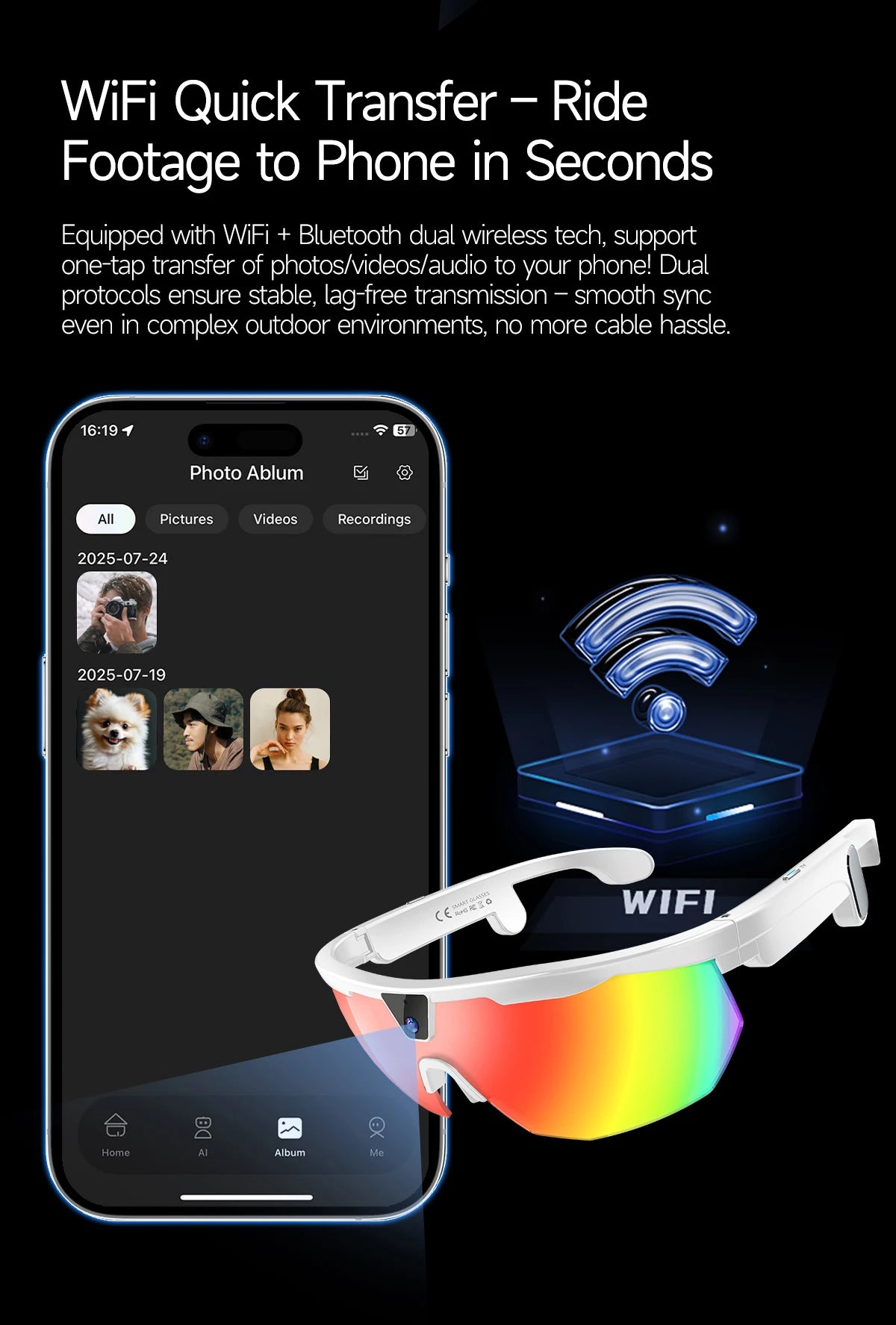 New AI smart glasses for outdoor cycling featuring an 800p camera and a compact, high-definition anti-shake action camera