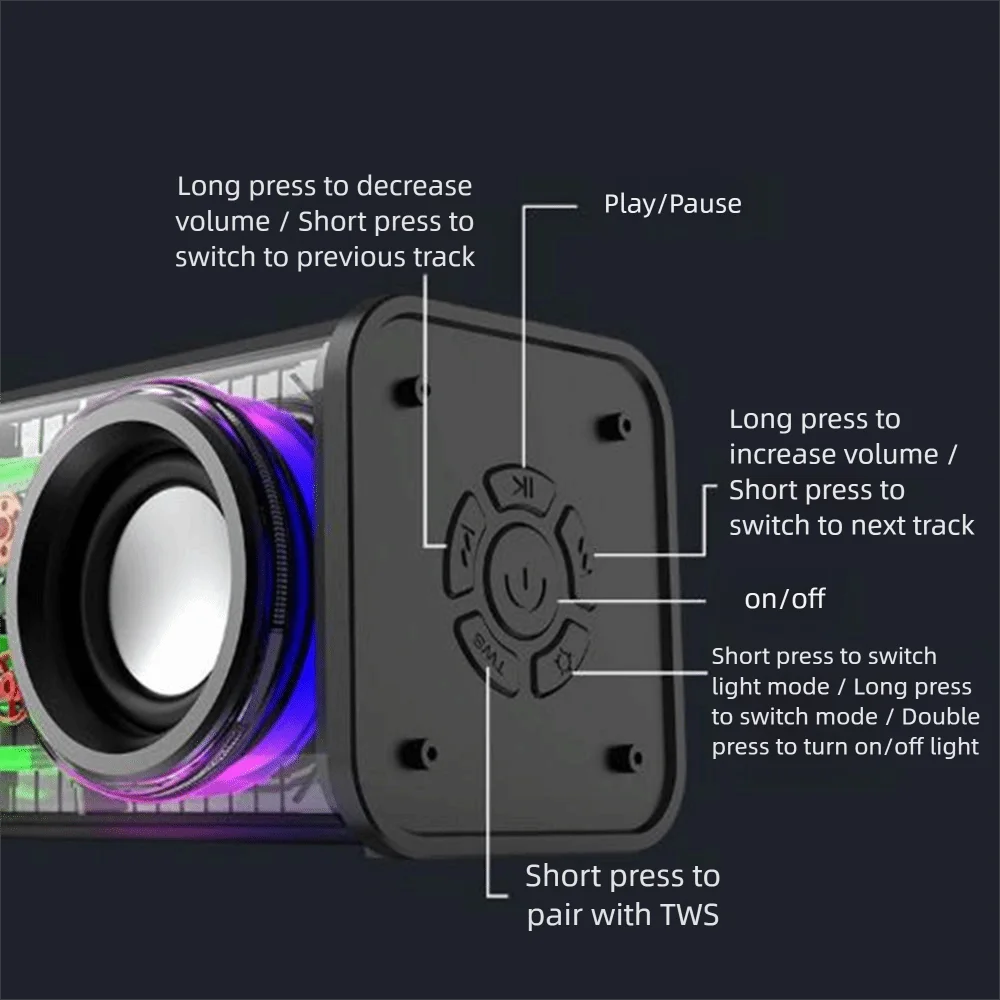 Bluetooth 5.0 V8 Transparent Mecha Speakers Double Bass Diaphragm TWS Stereo Wireless Double Bass 1800mAh Battery RGB Light