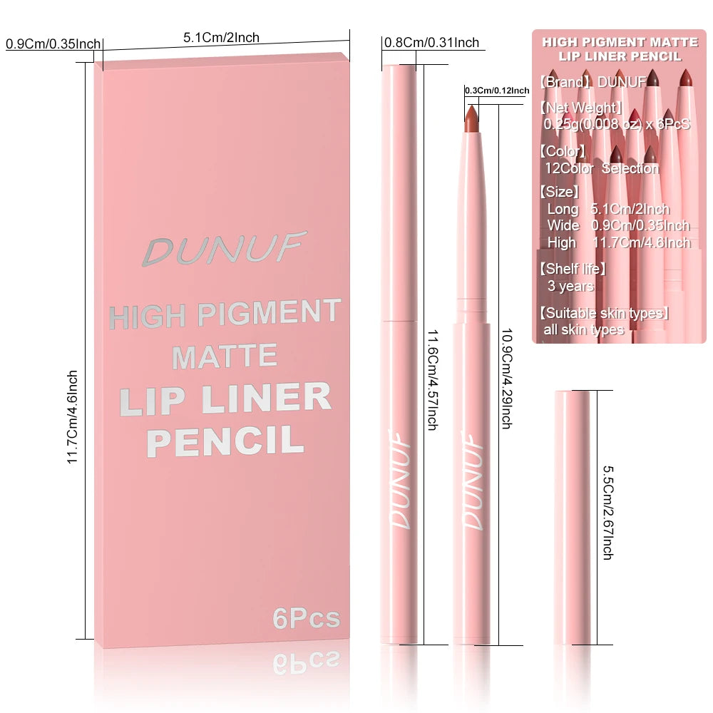 Matte Lip Liner Pencil 6pc/set - Waterproof Non-Stick Cup Lip Contour Liner, High Pigment Nude & Dark Red Lipstick Pen Makeup