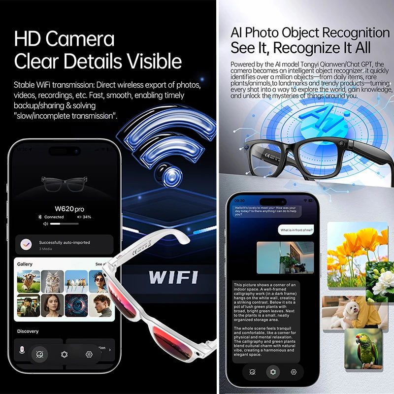 AI Smart Glasses 1080P HD Camera Recording 13MP Lens Real Time Translation GPT Voice Assistant Anti Shake Eyewear Smart Glasses