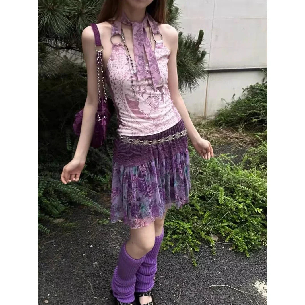 2000s Japanese Fairycore Streetwear Tshirt Subculture Gothic Print Halter Vest Sleeveless Lace Up Y2k Crop Top Vintage Tank Tops