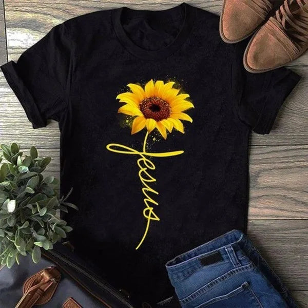 Sunflower Jesus Letter Print T Shirt Women Short Sleeve O Neck Loose Tshirt Summer