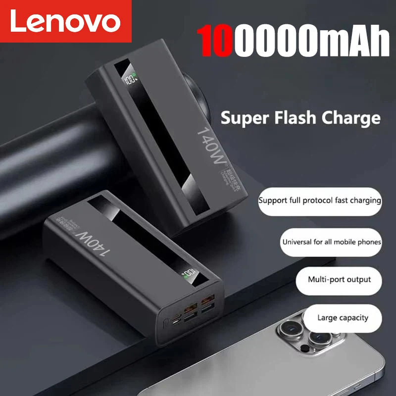 Lenovo 100000mAh CCC Powerbank 140W Super Fast Charging Portable Battery Charger Ultra Capacity LED Digital Display For IPhone