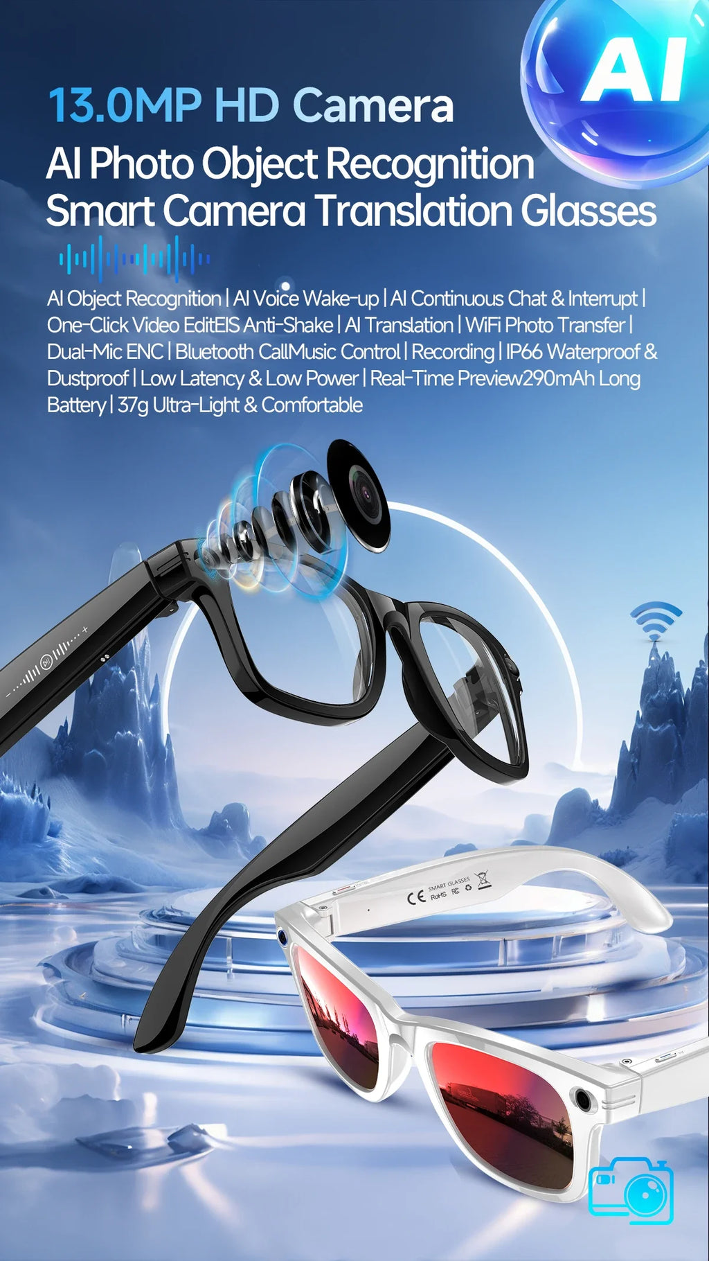 AI Smart Glasses 1080P HD Camera Recording 13MP Lens Real Time Translation GPT Voice Assistant Anti Shake Eyewear Smart Glasses