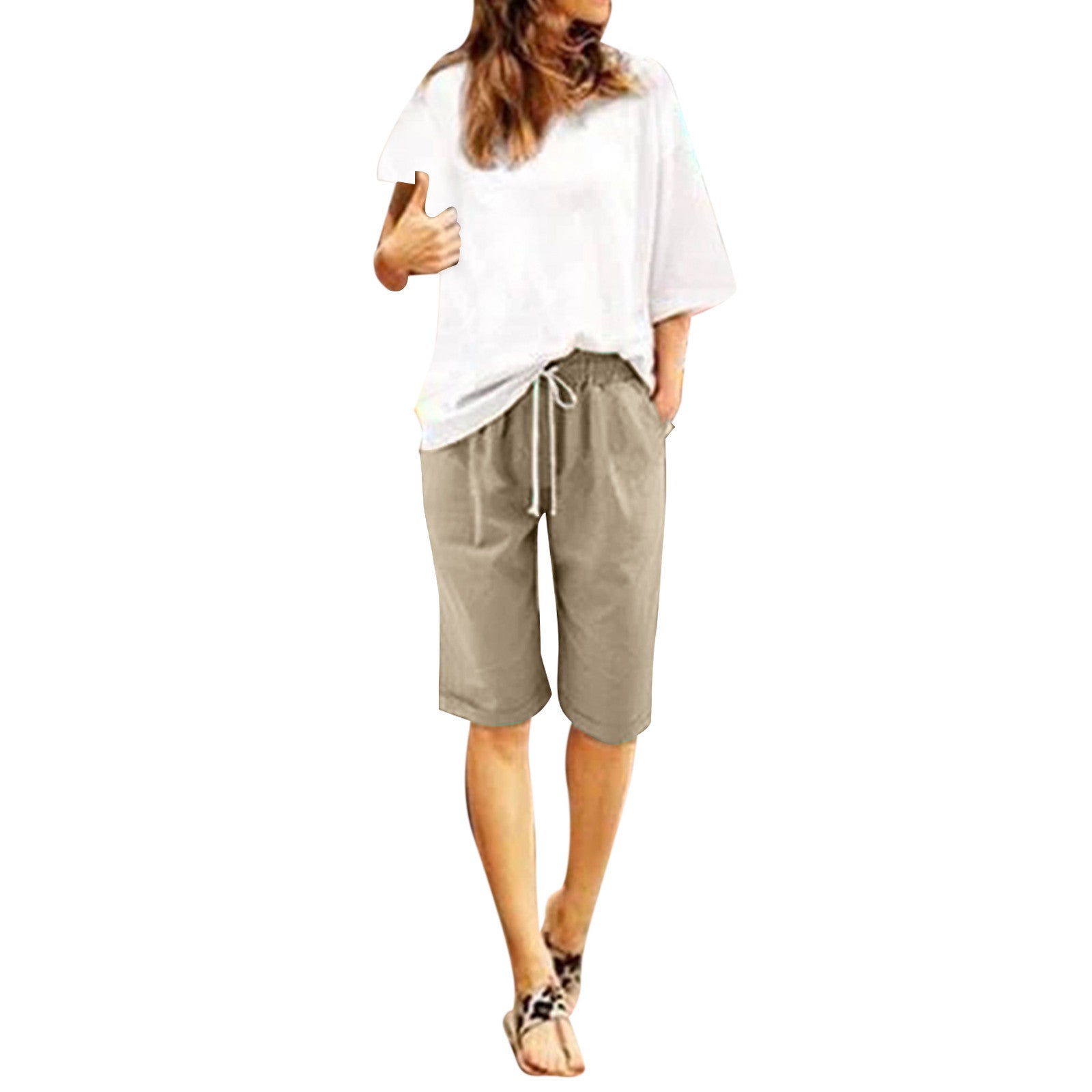 Five Point Pants For Women Summer Cotton Pants Plus Size High Waisted Shorts Lacing Beach Trousers Knee Length Workout Pocket