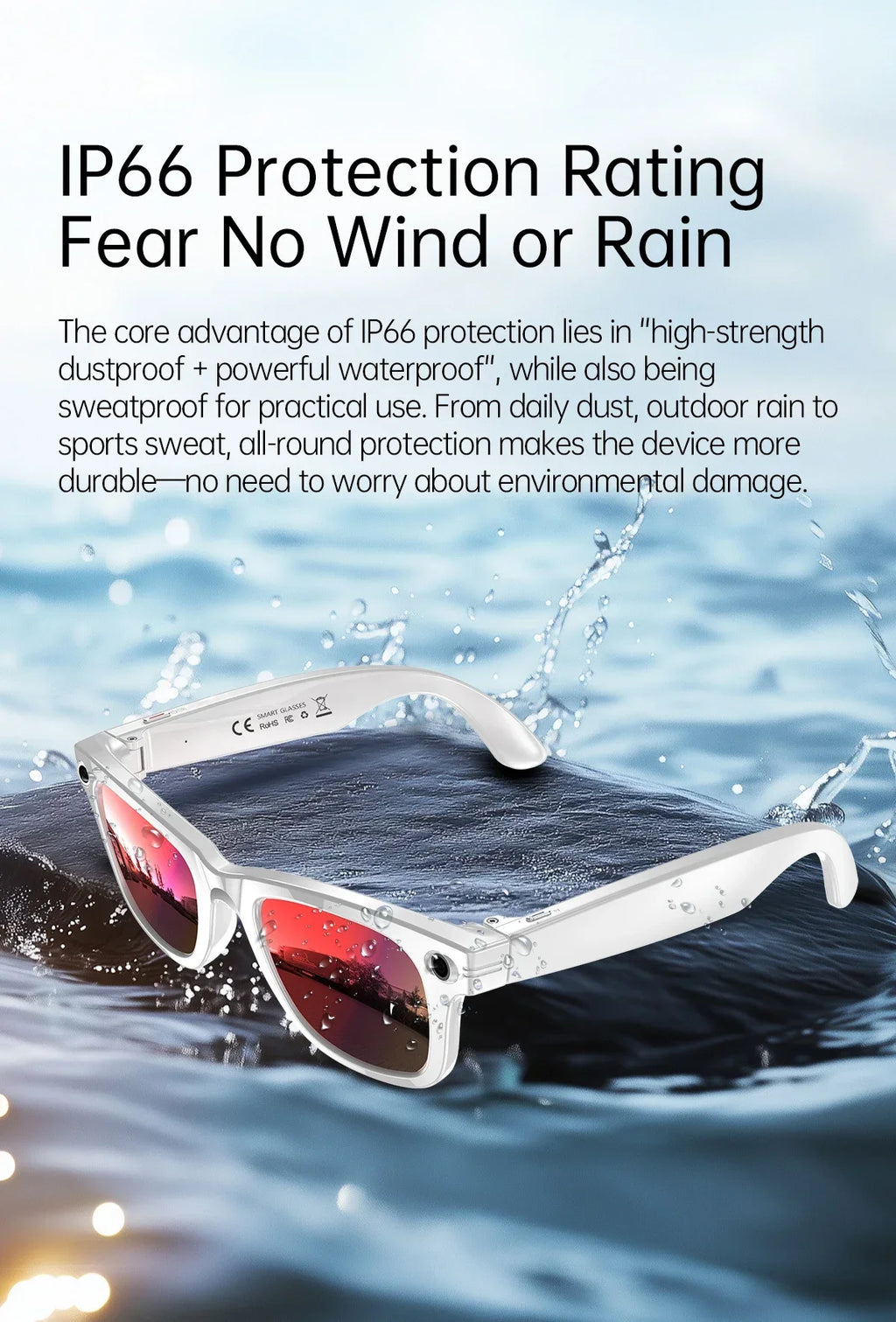 NEW AI Smart Glasses 1300W HD Camera 1080P Videos WIFI Transfer AI Translation IP66 Waterproof & Dustproof BT Call Smart Glasses