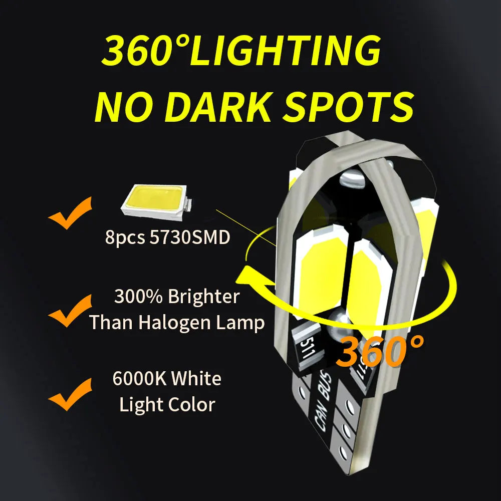 20PCS/PACK T10 5730 8SMD Canbus LED Bulbs W5W 192 194 168 501 2980CW 12V Super Bright White Car Interior Map Dome Parking Lights