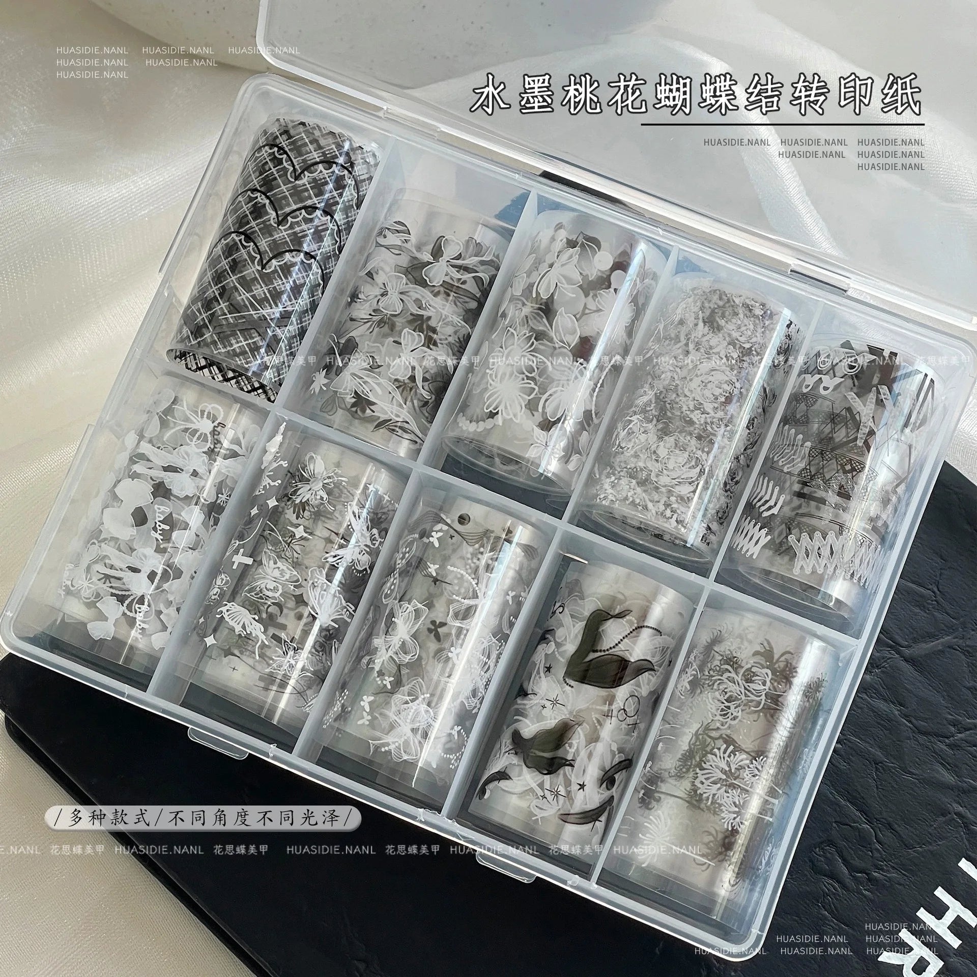 1 Box Black White Strapes Nail Foils for Transfer Paper Bowknot Flowers Nails Wraps Denim Plaid Nail Art Decorations