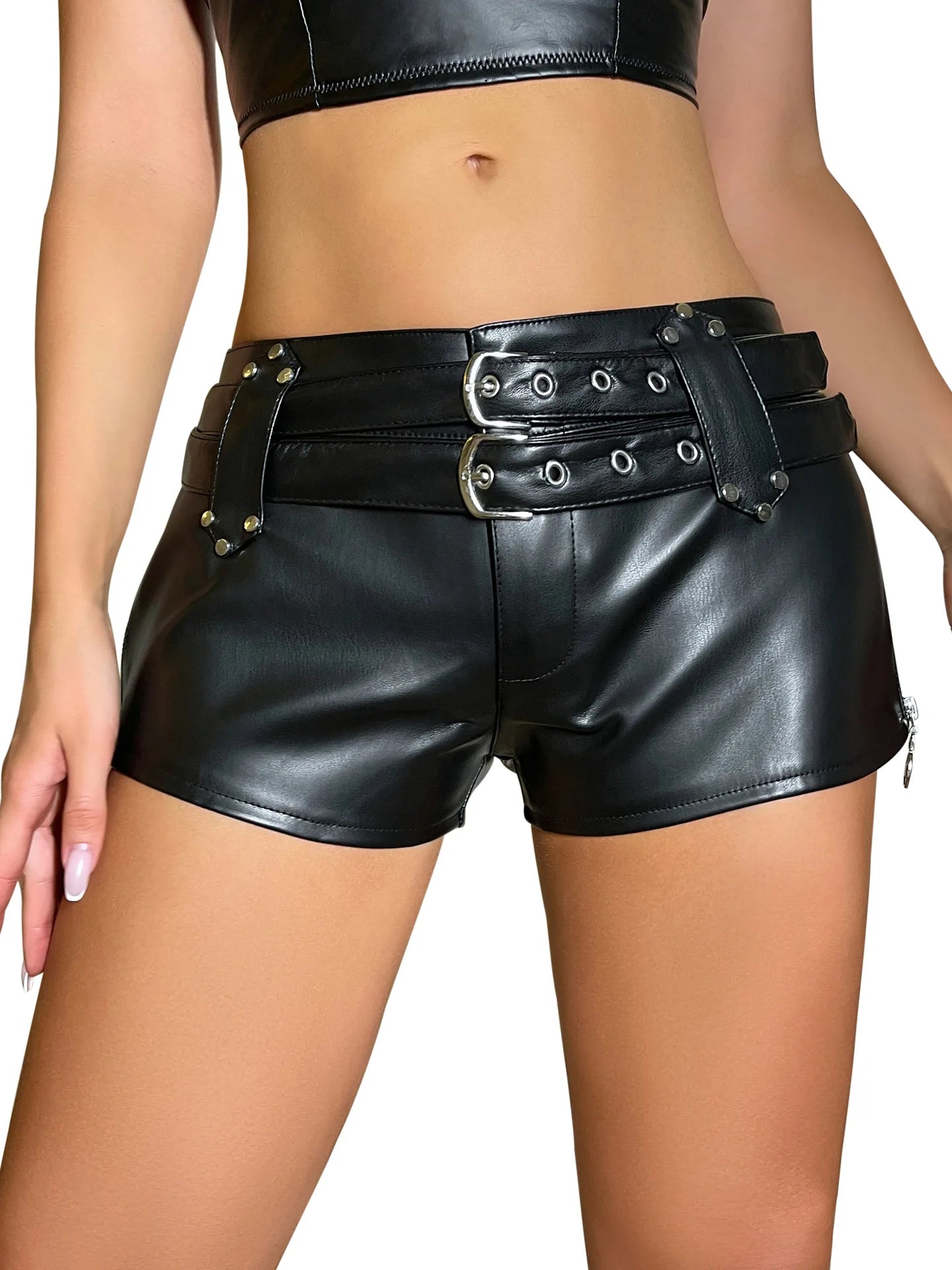 26 New Pu Imitation Leather Shorts Elastic Belt Low-rise Shorts for Women Hot Pants
