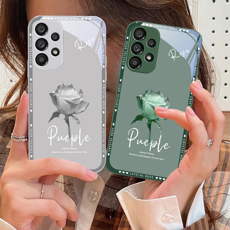 Elegant Rose Red For Samsung Galaxy S10 4G S20 11E 30 S21 21Fe 22 S24 Pro S23 Ultra 5G S8 S9 Tempered Glass Phone Case